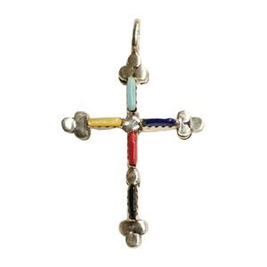 Vintage Zuni Multi-Stone Inlay Sterling Silver Cross Pendant Southwestern Cross
